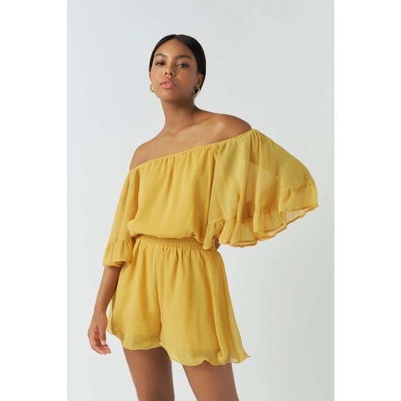 Vici Endless Rose Yellow Ruffled Sleeve Romper Medium Off Shoulder Chiffon - Picture 2 of 13